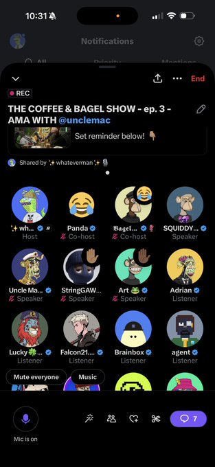 A screenshot of a Clubhouse recording titled "THE COFFEE & BAGEL SHOW – ep. 3 – AMA WITH @unclemac," featuring speaker icons for participants like Panda, Bagel, Uncle Mac, and others from the Bored Ape Yatch Club (BAYC) community, which ties into the post's shoutout to Uncle Mac as a dope builder in the space.