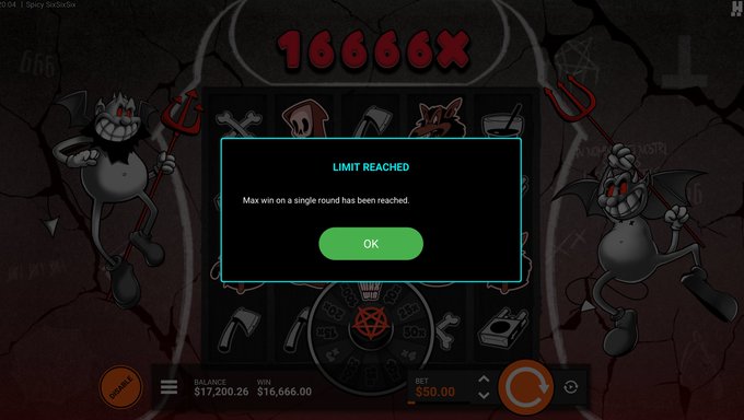 A slot machine game screenshot showing a 'LIMIT REACHED' message with 'Max win on a single round has been reached,' a 16666X multiplier displayed at top, balance of $17,200.26, win of $16,666.00, and a $50.00 bet.