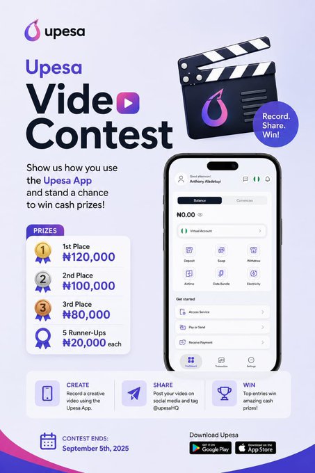 A promotional poster for the "Upesa Video Contest" invites users to create videos about the Upesa App for a chance to win cash prizes, including ₦120,000 (1st), ₦100,000 (2nd), ₦80,000 (3rd), and ₦20,000 each for 5 runner-ups, with participation instructions to follow @upesa, repost the pinned post, complete a $10+ transaction, and post a creative video before the September 5th, 2025 deadline.