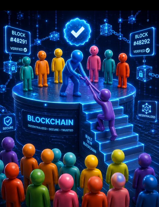 A digital illustration depicts colorful humanoid figures on a platform labeled 'BLOCKCHAIN' with floating blocks reading 'BLOCK #48291 VERIFIED' and 'BLOCK #48292 VERIFIED'.
