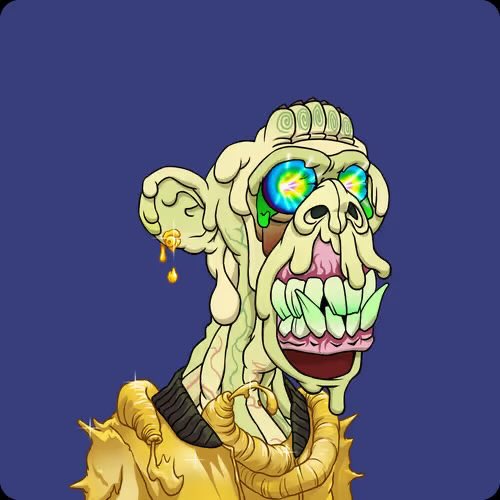 A cartoon-style Mutant Ape character with pale green skin, rainbow-colored eyes, and gold drip accessories grins widely against a blue background, embodying the playful and extravagant aesthetic of the Mutant Ape Yacht Club NFT collection and its proud community of members.