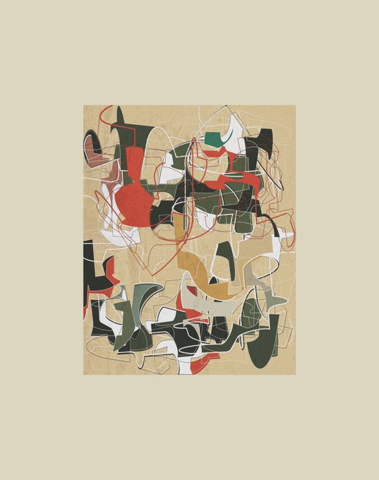 The image features a painting with a square frame that has been cut into many pieces. The artwork consists of various shapes, including circles, lines, and other geometric forms, creating an abstract composition. The colors used are predominantly red, white, green, and black, which contribute to the overall visual impact of the piece. The post about the artwork is titled "@HeatherRasley" and has been shared on social media platforms like Facebook, Instagram, and Twitter.