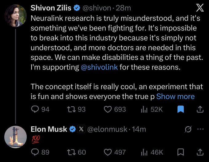 The image shows a tweet from Shivon Zilis (@shivon) promoting Neuralink research and expressing support for @shivolink, followed by a reply from Elon Musk (@elonmusk) consisting only of a "💯" emoji, which appears to highlight the perceived irony of Musk vouching for his own executive's Neuralink-related project while it has yet to deliver on its promises.