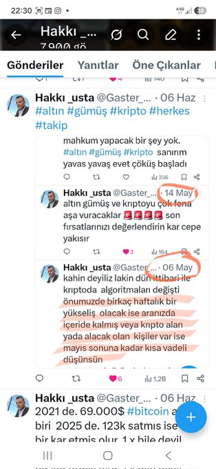 A Turkish-language Twitter/X thread from user @Gaster_ discusses topics with hashtags including #altın, #gümüş, #kripto, #herkes, and #takip, with dates from May 14 to June 6 and mentions of cryptocurrency and Bitcoin.