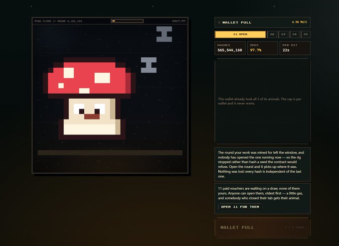 A pixel-art "Minesweeper"-style NFT mining game interface displaying a large red mushroom next to a hidden "H" tile on a dark mine floor, with a side panel showing "WALLET FULL," "6.99 M/S," a hash rate of "565,568,160," an odds rate of "97.7%," and "PER HIT 225," along with story text about a gas attack on a drake and an "OPEN 11 FOR THEM" button—directly illustrating the "pixelzoomine.github.io/#mine" NFT mint referenced in the accompanying post, where players pay 0.00001 ETH + gas to reveal mined tiles and earn rewards.