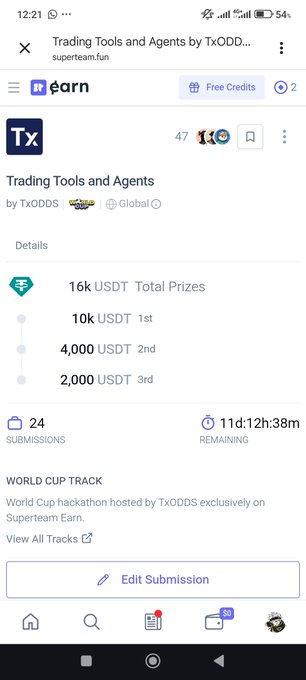 Screenshot of a Superteam Earn hackathon page titled 'Trading Tools and Agents' by TxODDS, showing a 16k USDT total prize pool (10k 1st, 4,000 2nd, 2,000 3rd) with 24 submissions and 11d:12h:38m remaining.