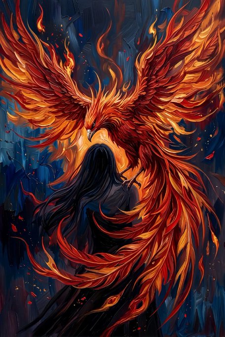A dramatic painting of a fiery red and orange phoenix spreading its wings behind a hooded, long-haired figure facing away.