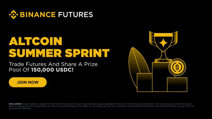 A Binance Futures promotional banner advertising the "Altcoin Summer Sprint" with a 150,000 USDC prize pool, featuring a gold trophy and coin graphic alongside a "JOIN NOW" call-to-action button, which corresponds to the post inviting users to trade futures and compete for rewards.