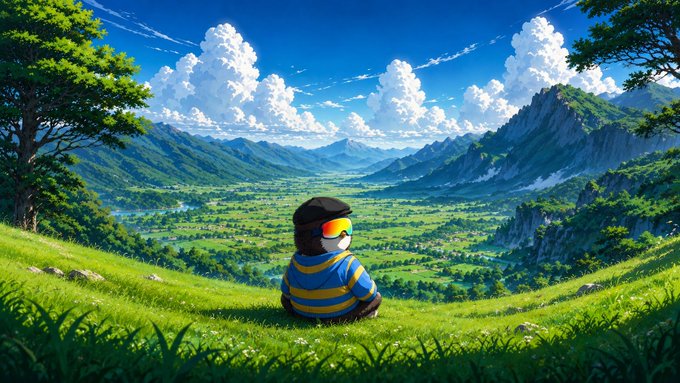 An anime-style illustration of a character with a penguin companion sitting on a grassy hill, overlooking a vast green valley under a blue sky with fluffy white clouds.