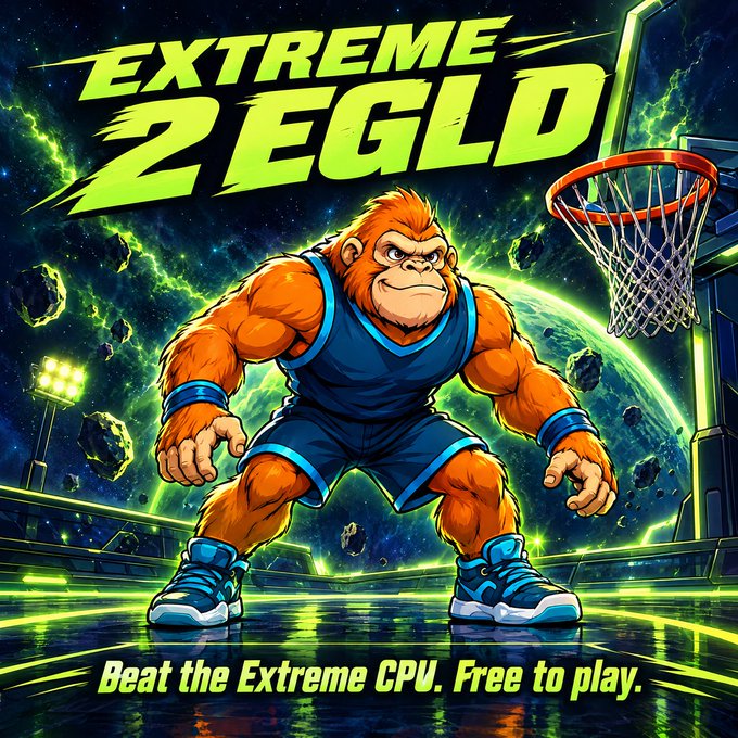 A vibrant promotional graphic titled 'EXTREME 2 EGLD' shows a muscular orange gorilla wearing a blue basketball jersey and sneakers, standing on a cosmic court with a hoop, with the tagline 'Beat the Extreme CPU. Free to play.'