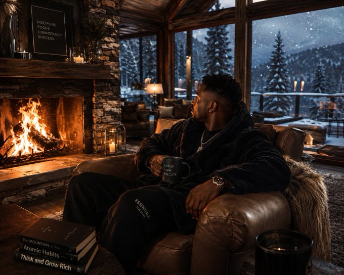A man in a dark robe sits in a leather armchair holding a mug near a roaring stone fireplace, with books like 'Atomic Habits' and 'Think and Grow Rich' visible, and a framed sign reading 'DISCIPLINE FOCUS CONSISTENCY SUCCESS.'