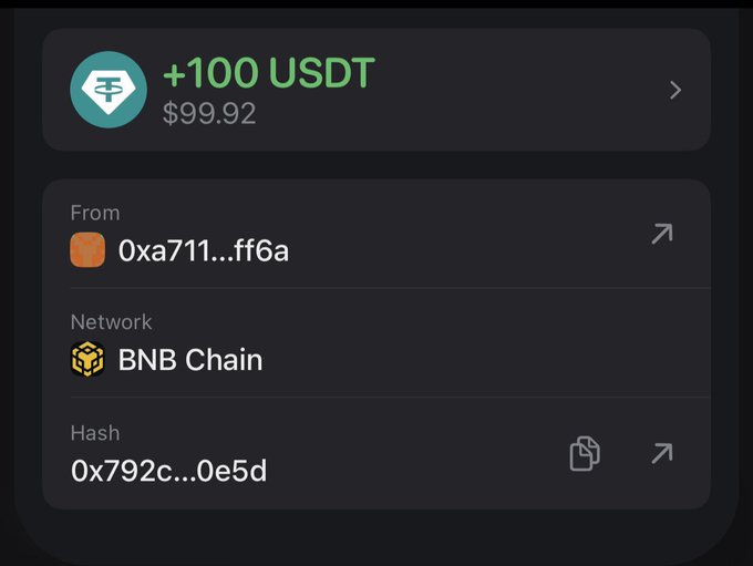 The image shows a cryptocurrency transaction notification displaying a successful receipt of +100 USDT ($99.92) from address 0xa711...ff6a on the BNB Chain network, with transaction hash 0x792c...0e5d. This relates to the post by serving as potential "alpha" proof—showcasing earnings from a crypto trade, likely to entice viewers to join the user's Telegram channel for trading tips.