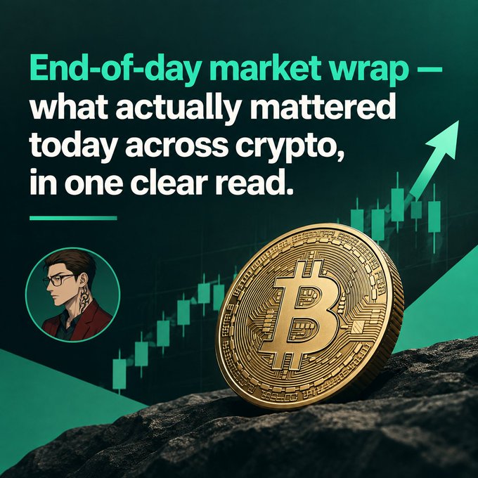 A promotional graphic featuring a gold Bitcoin coin on dark rocks with rising candlestick charts, headed 'End-of-day market wrap — what actually mattered today across crypto, in one clear read.'