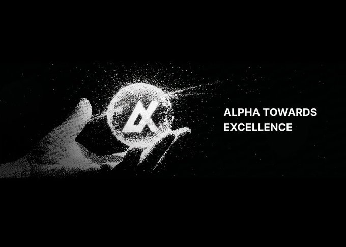 A black and white image shows a hand holding a dissolving sphere with an 'A' symbol, accompanied by the text 'ALPHA TOWARDS EXCELLENCE'.