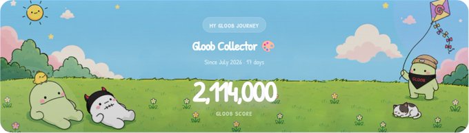 A pastel 'Gloob Journey' dashboard banner showing 'Gloob Collector' stats since July 2026 (11 days) with a Gloob Score of 2,114,000, decorated with cute cartoon characters including a chick, a cloud-like creature, a frog, and a cat on a sunny grassy field.
