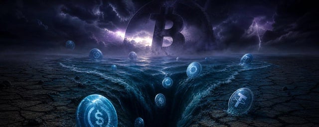 A dramatic digital artwork depicting a massive Bitcoin symbol in a stormy purple sky with lightning, while cryptocurrency coins tumble into a dark chasm below.