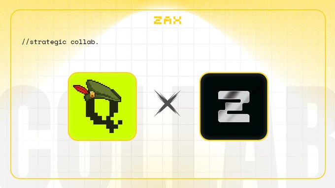 A pixelated pirate hat icon on a yellow background is displayed next to a "2" logo with an "X" between them, under the heading "ZAX" and the text "//strategic collab."—visually representing the announced collaboration between ZAX and QuiversHq.