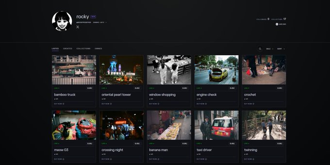 A screenshot of an NFT marketplace showing a collection by user 'rocky' with various digital artworks including items titled 'bamboo truck', 'oriental pearl tower', 'windsor shopping', 'engine check', and 'crochet'.