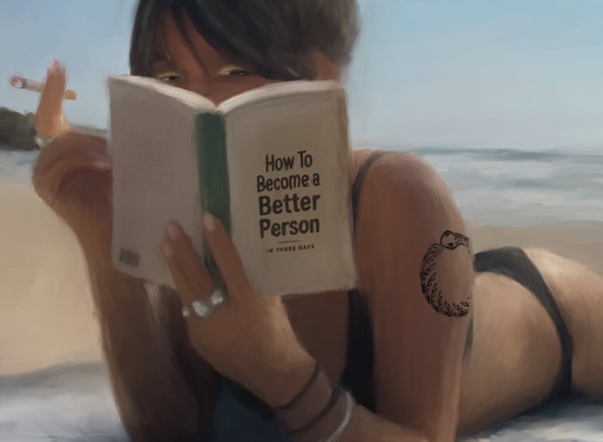 The image features a woman laying down on a beach, reading an open book titled "How To Become A Better Person". The woman has a tattoo of a snake on her arm.