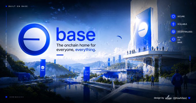 A futuristic digital landscape featuring the 'base' logo and the tagline 'The onchain home for everyone, everything.', along with features like 'SECURE', 'SCALABLE', and 'DECENTRALIZED'.