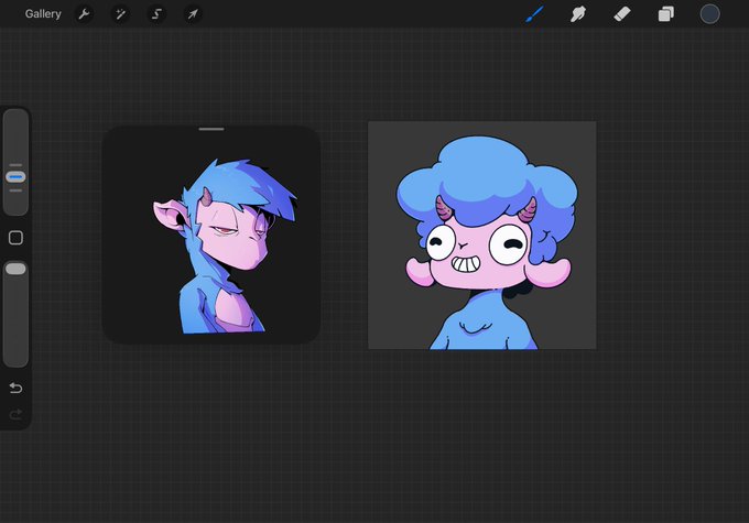 A digital art gallery interface displaying two cartoon-style character portraits with blue hair and pink skin against dark backgrounds.