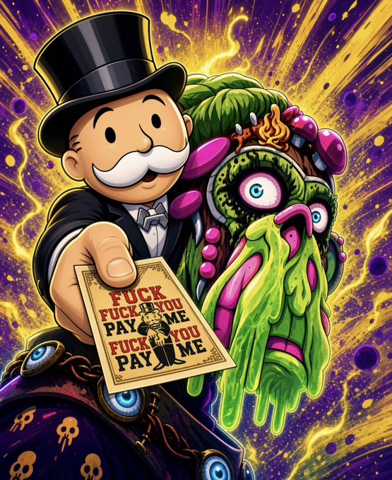 A cartoon Monopoly Man (Rich Uncle Pennybags) extends a bill reading "FUCK YOU PAY ME" toward the viewer, while a grotesque green oozing monster with bulging eyes looms behind him against a purple and yellow cosmic background—visually reinforcing the post's blunt message demanding compensation for promoting low-effort, unlaunched crypto projects.