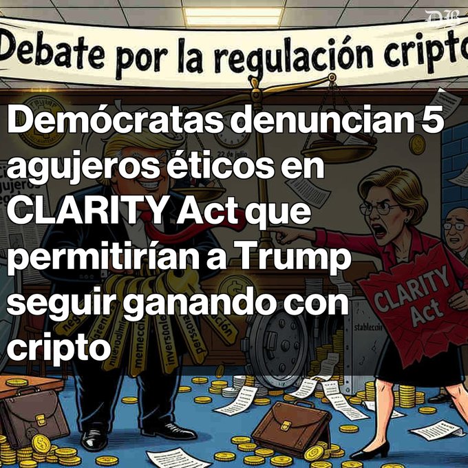 A political cartoon illustration with Spanish text banner 'Debate por la regulación cripto' and overlay reading 'Demócratas denuncian 5 agujeros éticos en CLARITY Act que permitirían a Trump seguir ganando con cripto'.