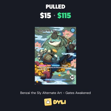 A digital trading card listing for 'Benzail the Sly Alternate Art - Gates Awakened', showing a pulled price of $115.