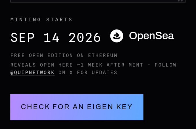 A dark-themed announcement graphic stating 'MINTING STARTS SEP 14 2026' with an OpenSea logo, mentioning a 'FREE OPEN EDITION ON ETHEREUM' and a purple gradient button that says 'CHECK FOR AN EIGEN KEY'.