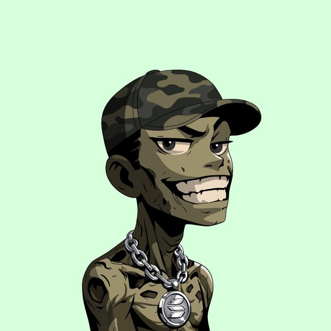 A cartoon illustration of a grinning, gaunt character wearing a camouflage cap and a chain with a medallion on a light green background.