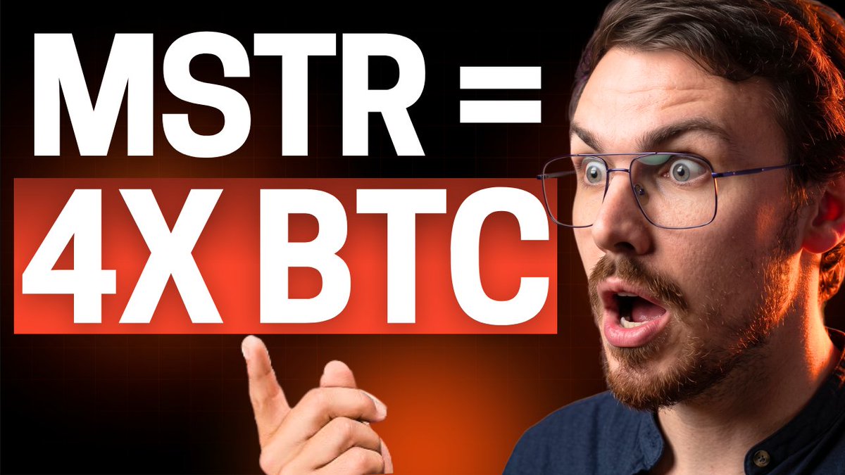 A YouTube thumbnail featuring a surprised-looking man pointing at large white text reading 'MSTR = 4X BTC' against a red background.
