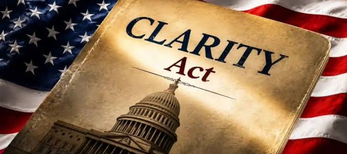 A graphic showing the words "CLARITY Act" on a vintage-style document placed over an American flag, with the US Capitol dome visible at the bottom.