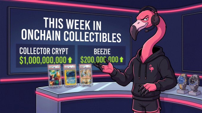 An illustration of a flamingo character in a hoodie hosting "THIS WEEK IN ONCHAIN COLLECTIBLES," showing values of "COLLECTOR CRYPT $1,000,000,000" and "BEEZIE $200,000,000" alongside graded cards and watches.