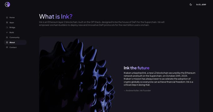 A webpage titled "What is Ink?" explaining Ink as an Ethereum Layer 2 blockchain built on the OP Stack, designed to be the House of DeFi for the Superchain, featuring a dark 3D graphic.