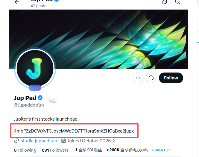 A Twitter/X profile page for "Jup Pad" (@Jupaddotfun) showing a Solana address "4mbPZzDCWXvTCJbscMWeDD7TT1pra9mkZHGaBxc2jupx" highlighted in a red box, described as "Jupiter's first stocks launchpad."