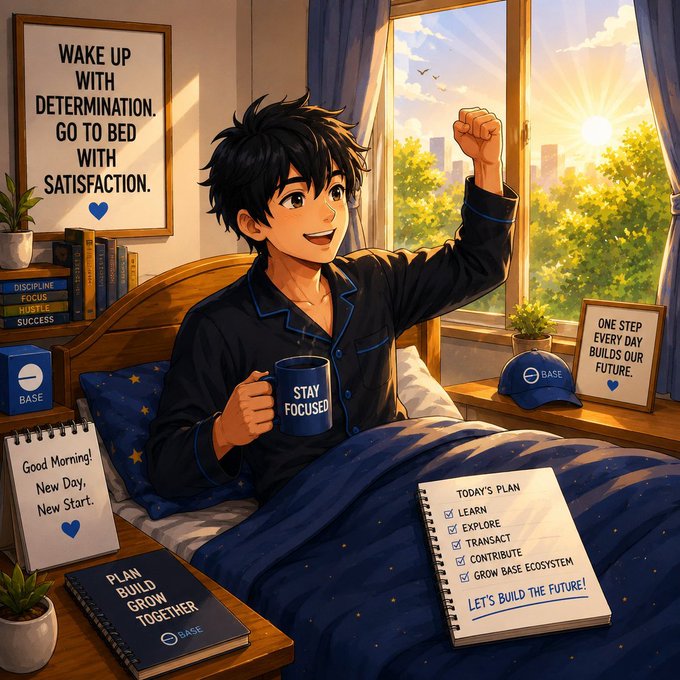 An anime-style motivational illustration of a black-haired boy waking up in bed holding a 'STAY FOCUSED' mug, surrounded by posters and notebooks reading 'WAKE UP WITH DETERMINATION. GO TO BED WITH SATISFACTION.', 'ONE STEP EVERY DAY BUILDS OUR FUTURE', and 'LET'S BUILD THE FUTURE!' with BASE branding.