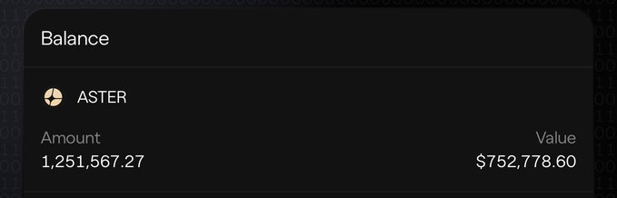 A dark-themed interface showing a 'Balance' panel for the cryptocurrency ASTER, displaying an amount of 1,251,567.27 tokens with a value of $752,778.60.