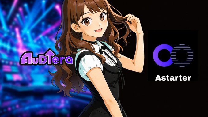 An anime-style illustration of a smiling woman with brown hair in a black and white outfit, alongside logos for 'AudTera' and 'Astarter'.
