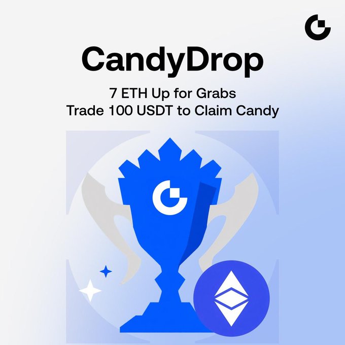 Promotional graphic for Gate.io's "CandyDrop" airdrop, featuring a blue trophy adorned with the Gate.io logo and an Ethereum symbol, advertising a 7 ETH prize pool for users who trade 100 USDT in futures to claim their share of the candy.