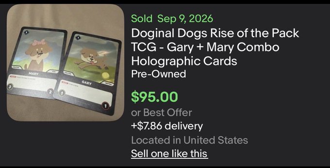 Marketplace listing showing two holographic trading cards ('Doginal Dogs Rise of the Pack TCG - Gary + Mary Combo') sold for $95.00 on Sep 9, 2026, located in the United States.