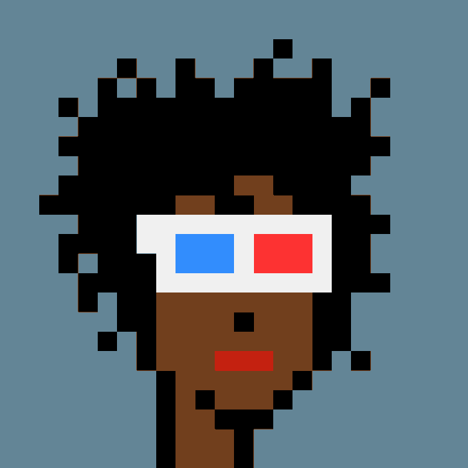 A pixel art portrait of a dark-skinned figure with a large black afro, wearing classic 3D glasses with red and blue lenses, representing CryptoPunk #4294, which was purchased for 50 ETH ($80,459 USD) from user 0x645e...f9b4 by 0x479a...e3fc.