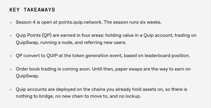 A "KEY TAKEAWAYS" slide outlining information about Season 4 on points.quip.network, including how Quip Points (QP) are earned through holding, trading, node running, and referrals.