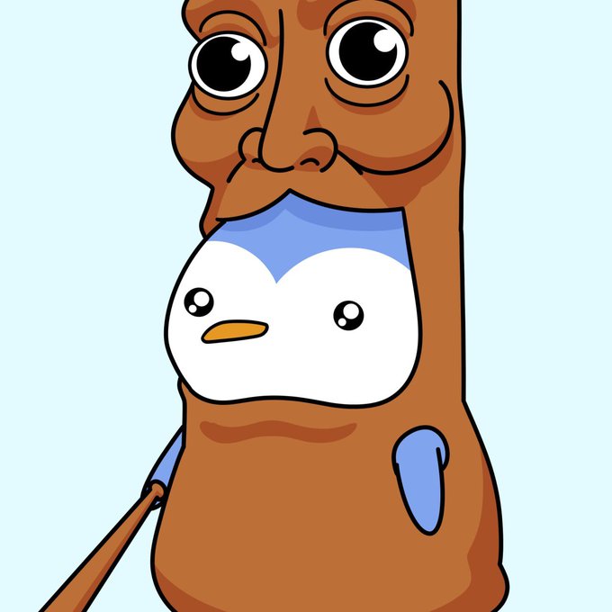 A cartoon illustration shows a brown figure with exaggerated human-like eyes and a wide smile holding up a small white, round mascot with an orange beak, set against a light blue background, referencing the "Abstract meme" culture mentioned in the post about $PENGU and $GOONER tokens.