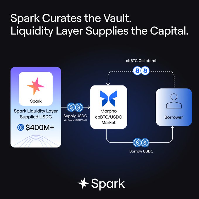 A diagram illustrating Spark's role in providing over $400M USDC to the Morpho cbBTC/USDC Market on Base, where borrowers deposit cbBTC collateral to borrow USDC, with the title "Spark Curates the Vault. Liquidity Layer Supplies the Capital."