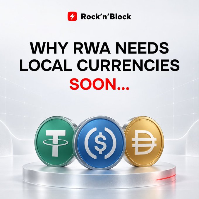 A promotional graphic titled 'WHY RWA NEEDS LOCAL CURRENCIES SOON...' by Rock'n'Block, featuring three stylized coins representing Tether, USDC, and a Bitcoin-like currency.