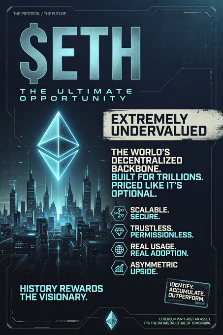 A futuristic promotional graphic features the bold "$ETH — THE ULTIMATE OPPORTUNITY" headline alongside an Ethereum logo over a neon-lit cityscape, calling it "EXTREMELY UNDERVALUED" with bullish attributes like "SCALABLE. SECURE." and "ASYMMETRIC UPSIDE," reinforcing the post's argument that Ethereum is historically undervalued with massive price prediction upside (37x–156x) from its current $1,600 price.