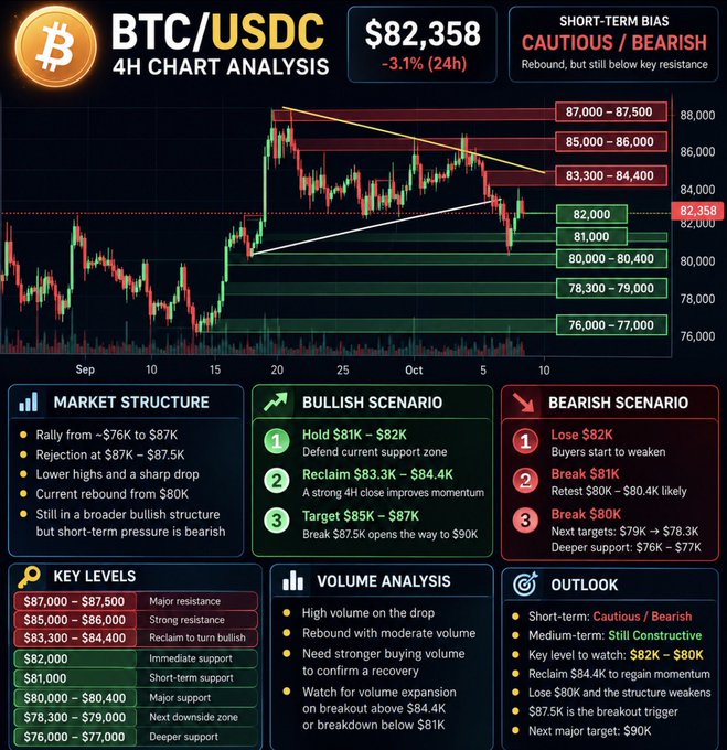 A Bitcoin/USDC 4H chart analysis showing BTC at $82,358 (-3.1% in 24h) with a short-term bias of 'Cautious/Bearish', featuring market structure analysis, bullish and bearish scenarios, key levels, volume analysis, and outlook.