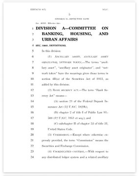 The image displays page 1 of the 95th Congress, 1st Session document "S. __ — DIVISION A—COMMITTEE ON BANKING, HOUSING, AND URBAN AFFAIRS," outlining the text of the "Consumer Financial Services Act of 1975" as reported by the Committee on Banking, Housing, and Urban Affairs.

This appears to be historical legislative text regarding financial services regulation, referenced in the accompanying post about a new Clarity Act draft that would impose CFTC registration and financial-crime compliance on DeFi protocols where someone controls the protocol—showing how current regulatory proposals echo decades-old consumer protection frameworks from the 1970s.