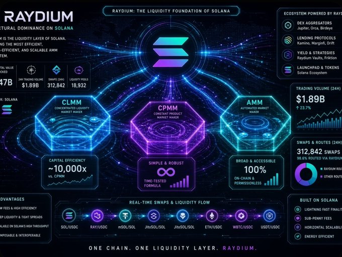 The image is a dashboard-style infographic showcasing Raydium as "the liquidity foundation of Solana," highlighting $1.89B in 24-hour trading volume, $0.47B in TVL, 312,842 swaps, and 18,932 liquidity pools, alongside its three core market maker models (CPMM, CLMM, and AMM). It visually reinforces the post's claim about Raydium's structural dominance on Solana, emphasizing its hybrid AMM architecture and substantial on-chain liquidity metrics that position it as a leading DEX on the network.