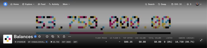 A cryptocurrency market screen shows “BTC/USD” with a large multicolored price of “$3,750,000.00”; the interface includes “Balances,” “FLOOR PRICE,” “TOP OFFER,” “24H VOLUME,” “TOTAL VOLUME,” and “LISTED.”